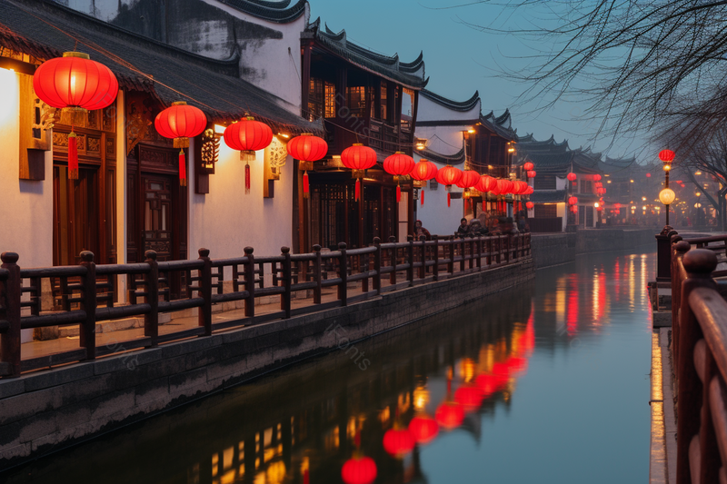 运河边上的中式建筑民宅挂上一个个火红的大灯笼,高清,摄影图,摄影图片,图片大全,摄影图免费下载